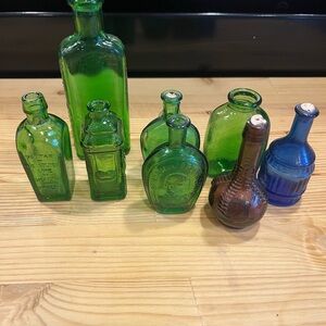 Vintage Green and Blue Glass Bottles